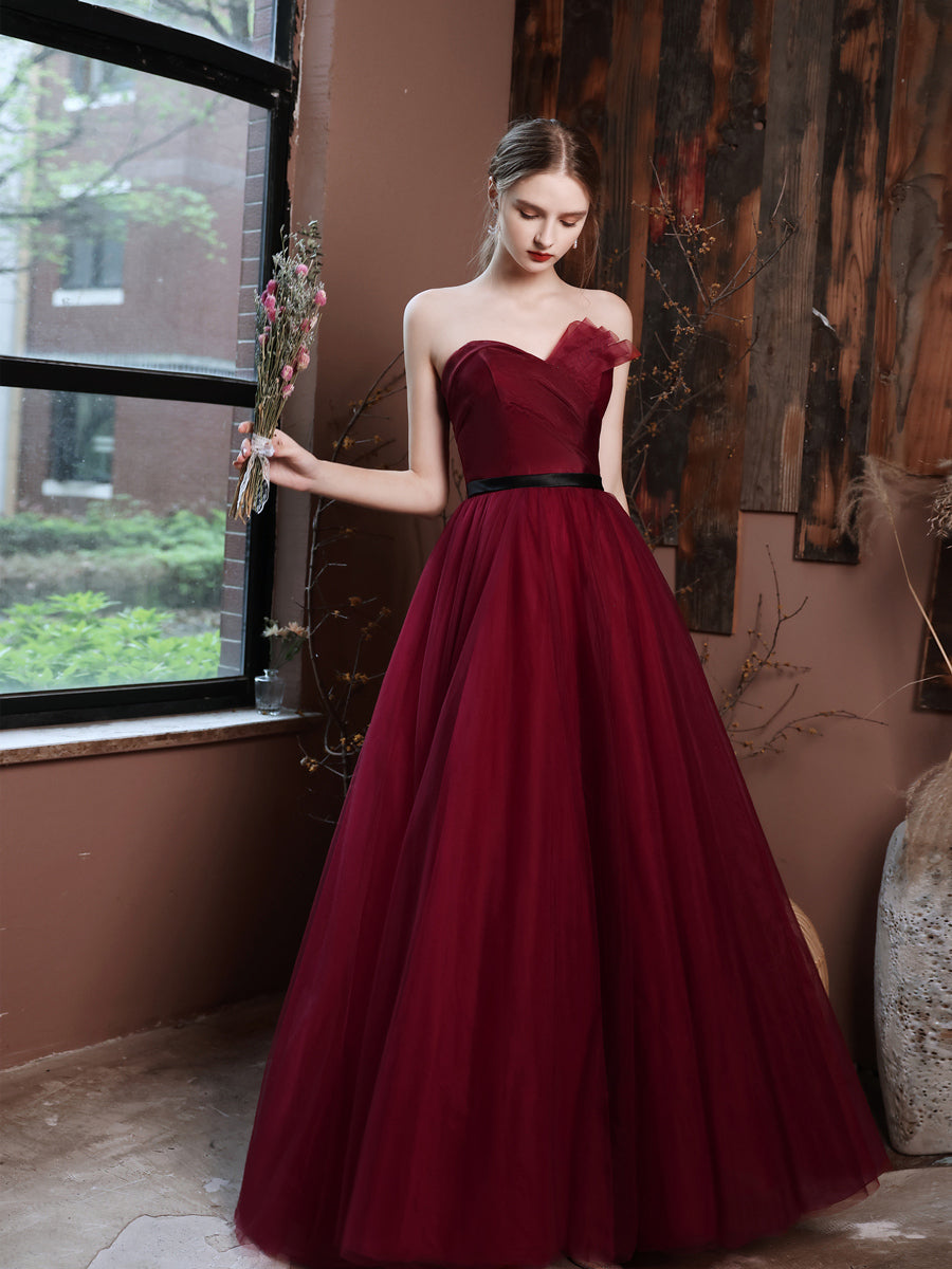 A Line V Neck Burgundy Lace Prom Dresses with Side Slit, Burgundy Lace –  morievent