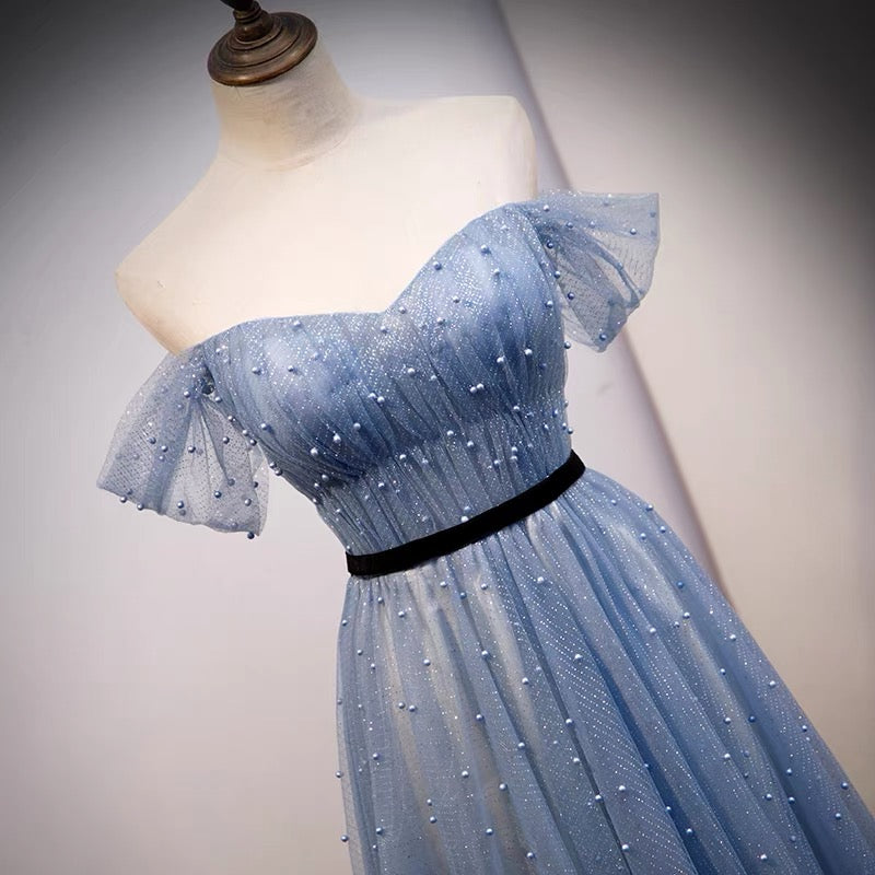 Dolly Gown Unique Tulle Tiered Dusty Blue Prom Dress