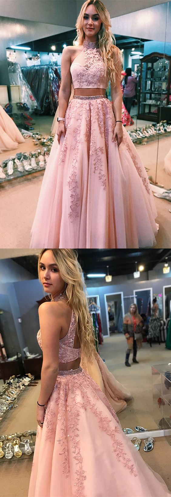 two piece rose gold prom dress