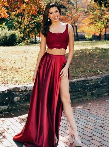 Cute Long Side Slit Two Piece Occasion Graduation Red Prom Dress Sweet ...