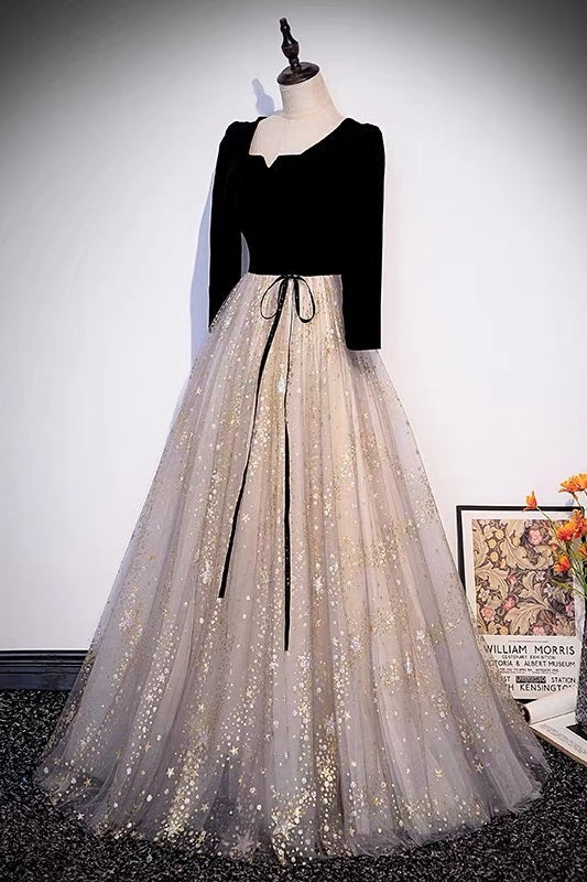 Unique Black Velvet Prom Dress with Glitter Bottom -DollyGown