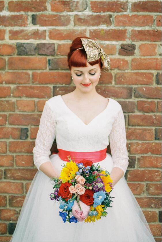 V neck Long Sleeve Tea Length Lace Vintage inspired 1950s Wedding Dress