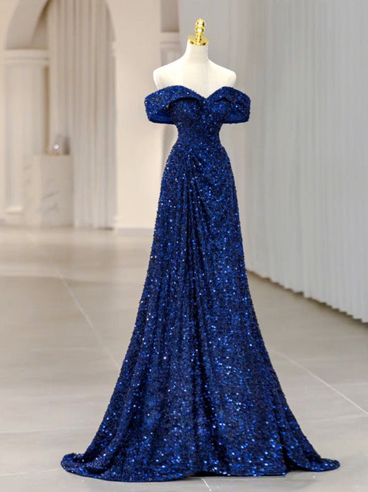 Classic A-line Off the Shoulder Blue Sequins Prom Dress - DollyGown